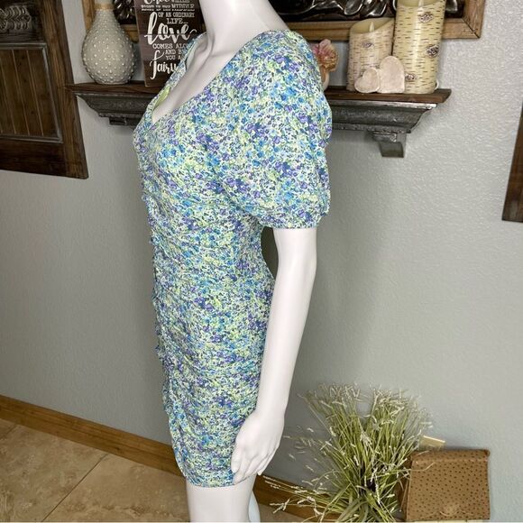 Live To Be Spoiled Green Pastel Floral Ruched Front Short Cap Sleeve Dress - Picture 8 of 13